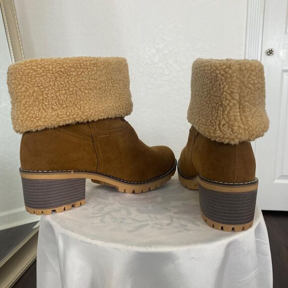 Chunky Teddy Furry Shearling Tan Brown Fold Over Ankle Boots EU 43 / US 12.5 - Picture 4 of 8